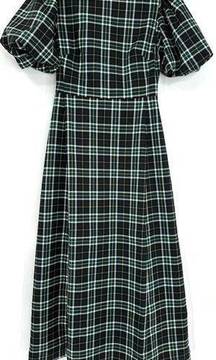 Hill House Green Plaid Round Neckline Puff-sleeve Constance Long Dress XS