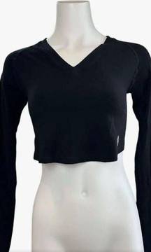 V-neck Crop Top Thumbhole Tee T-Shirt Athletic Top Black XS