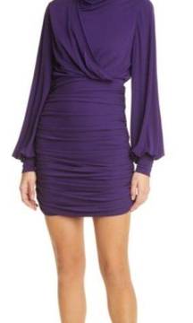 Ronny Kobo Harper Ruched Mini Dress with Balloon Sleeves Purple Eggplant S NWT