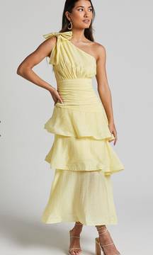 EUGENIA MIDI DRESS - ONE SHOULDER FIT AND FLARE LAYERED...