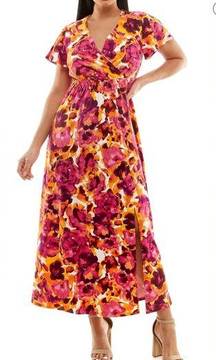 Nina Leonard Flutter SleeveMaxi Dress vibrant floral V-neck slit 2X & bonus item