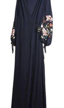 LULU’S My Angel Embroidered Long Sleeve Maxi wrap Dress Navy size large