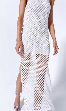 Dress Shaya Knit Crochet Midi Halter Fringe Tassel White XL NWT