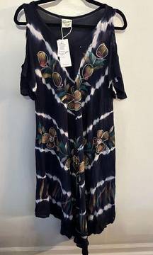 EXIST Tie Dye Swim Cover Up Sundress Cold Shoulder Rayon Navy Blue One Size NWT