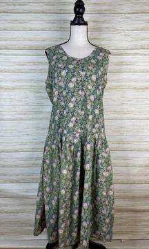 Vintage Blue Cotton Wild Rose Primt Button Fromt Midi Dress