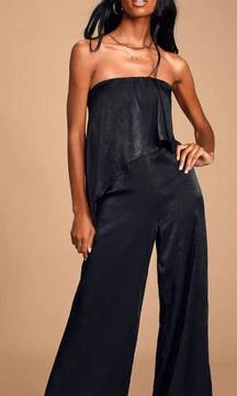 Raven Black Satin Strapless Wide Leg Jumpsuit