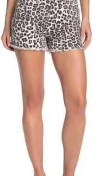 GOOD AMERICAN The Cut Off Denim Short High Rise Snow Leopard Print