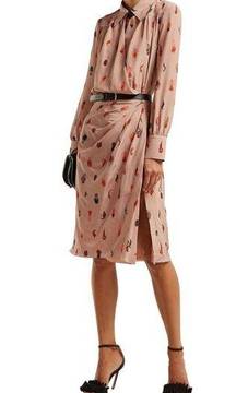 Altuzarra Kat Feather Printed Silk Midi Salmon Pink Dress 36