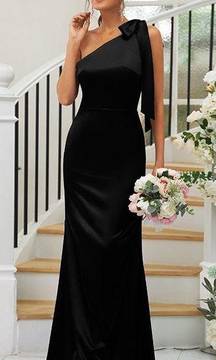 Black satin bridesmaid Dress - One Shoulder 