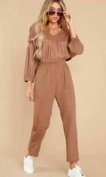 Listicle Crepe Smocked Waist Quarter Sleeve Full Length Jumpsuit Jumper Brown