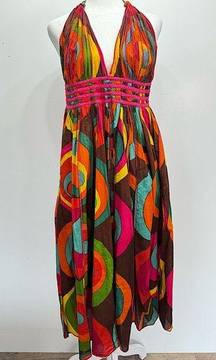 Pura Vida Cotton Boho Bold Jewel Tones Exposed Stitching Ruched Halter Dress