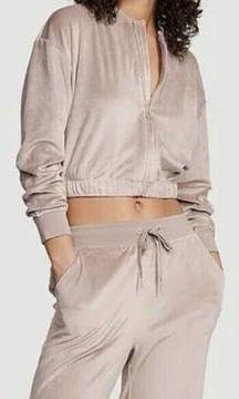 Victoria's Secret Velour Bomber Cropped Jacket Elastic Waist Taupe Women's M NWT