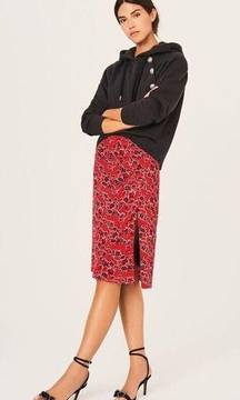 Ba&sh Sz L Jade Red Floral Print Front Slit Skirt