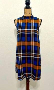 Sandy‎ & Sid Women's Dress Mock Neck Sleeveless Lined Blue/Brown Plaid Sz: Small