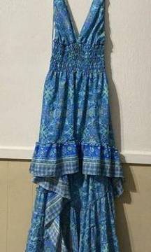 Zury Boho Maxi Dress Womens One Size Blue Tiered Ruffle Tassel High Low Feminine