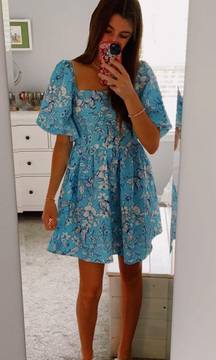 Boutique Puff Sleeve Blue Floral Dress 