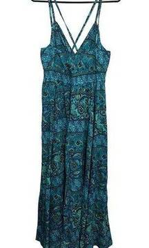 NEW Cherokee Dress Maxi Paisley Blue Beaded Cotton Sleeveless Spaghetti Straps