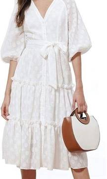 Donna Morgan White Tiered Poplin Button Down Dots Midi Dress 12P