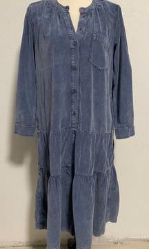 Anthropologie Marta Corduroy Blue Tiered Maxi Dress 3/4 Sleeve