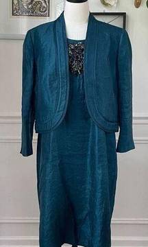 Kasper 2pc Dress Suit Peacock Blue Bling Dress Jacket Blazer 14