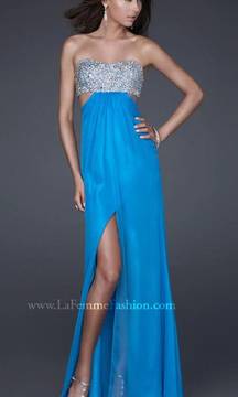 LaFemme Blue Gliteratti Style Strapless Sequin Formal Dress 0