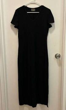 Vintage Blue Women's V-Neck Midi Dress Black Short Sleeve Size M