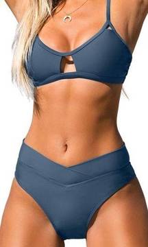 NWT  Bikini Set Cut Out High Waisted V Cut Bottom Stone Blue size XL