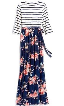 Lux & Co XL Bernice 2fer Knit Stripes and Floral Maxi Dress - navy, white, pink