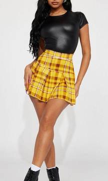 Yellow Stretchy Tartan Pleated Mini Skirt 