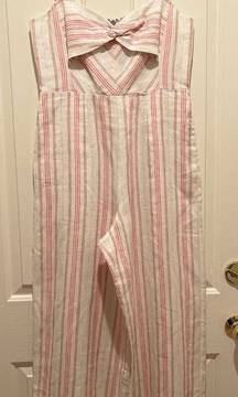 Rebecca Taylor Linen Sleeveless Striped Jumpsuit Ruched Back Size 8 NWOT