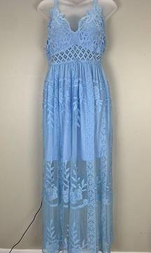 Embroidery Floral Mesh Overlay Lace detail Maxi Dress Blue size Medium