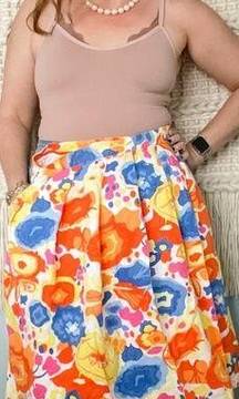 Vintage 100% linen bright watercolor floral pleated poof skirt size small S