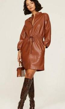 Natori Vegan Luxe Leather Blouson Dress Brown Womens Size Small