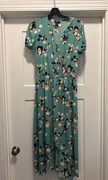 ANA Ines Floral Dress Light Green Midi Length Faux Wrap Gathered Waist SZ Large