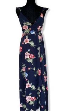 Trac Ruffle Trim Navy Floral Wrap Maxi Dress