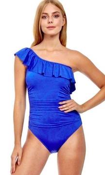 New. GOTTEX blue snakeskin ruffle swimsuit. Retails $138. Size 12