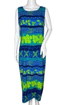 Kathie Lee Dress Women 10 Blue Green Floral Midi Dress Tropical Vacation Cruise