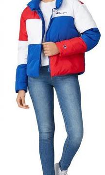 NWOT  Colorblock Surf The Web Puffer Coat Puffy Jacket Red White Blue XL