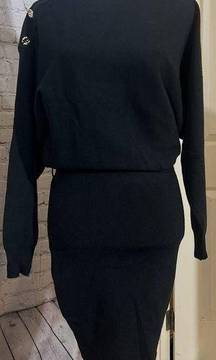 Womens Long Sleeve Sweater Dress Black With Gold Button Detail Exlura Small NWT