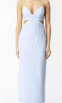 Bardot light blue v neckline cutout thigh slit midi dress