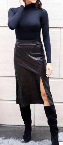 Spanx Leather-Like Midi Skirt Noir A-Line Shiny High-Waist Pencil Mid-Length S