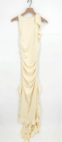 Micas NEW  Ruffled Hem Slit Maxi Dress Stretch Bodycon in Cream Small