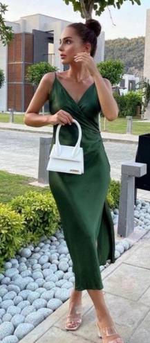 ZARA Draped Lingerie Style Emerald Forest Green Midi Dress 