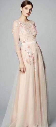 Notte Marchesa  • 3/4-Sleeve Beaded Tulle Gown peach blush pink floral embroidery