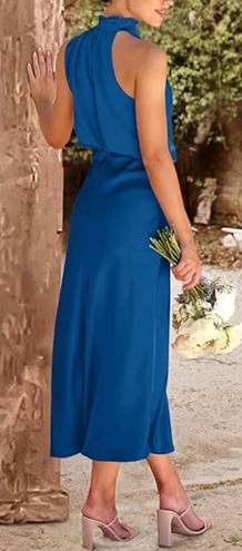 Dark Teal Silk High Neck MIDI Dress Blue