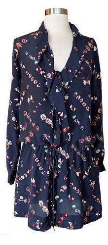 Rebecca Taylor  SILK Mini Shirt Dress Cocktail Blue Floral Button Down Ruffles 8