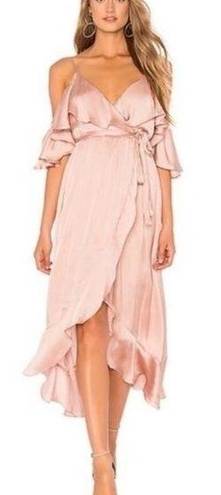 Bardot  Dress Womens 6 Bea Cold-Shoulder Ruffle Wrap Biscotti Dusty Pink Satin