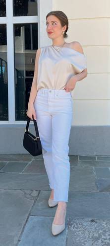 Boutique NWT Neutral Beige Satin Off The Shoulder Top 