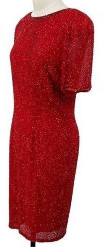 Oleg Cassini Vintage  Beaded Silk Mini Dress Short Sleeves Cocktail Red Womens 6