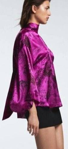 ZARA NWT  FUCHSIA JACOUARD SATIN PRINTED JAPANESE BLOUSE Sz SMALL